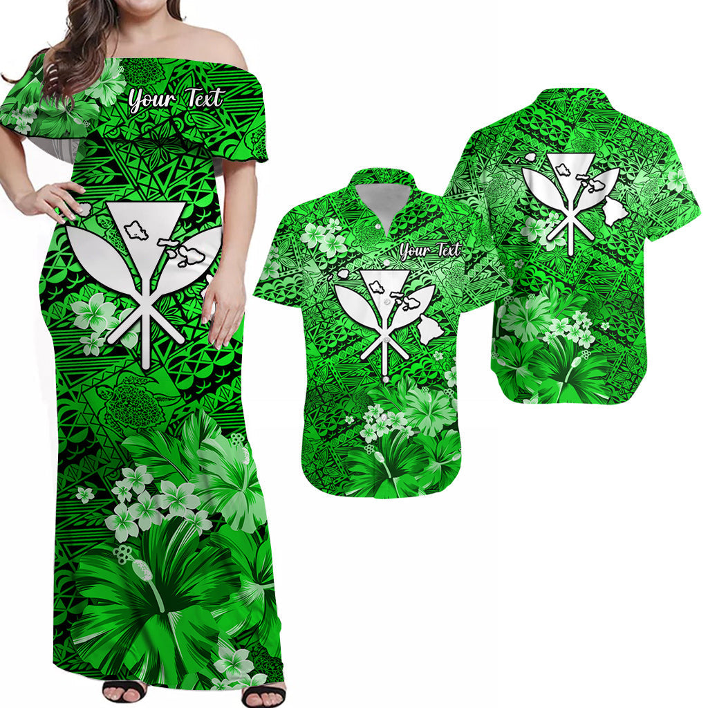 (Custom Personalised) Hawaii Couple Outfits Combo Dress and Hawaiian Shirt Map and Turtle Green Flowers